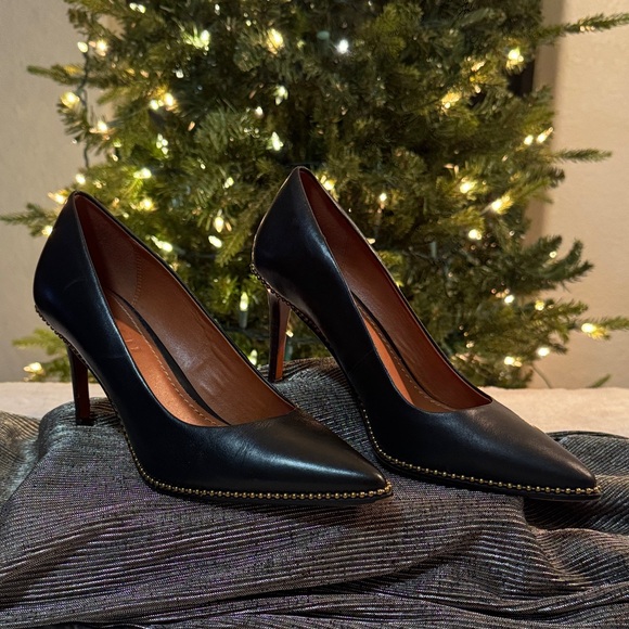 Coach Shoes - Coach Waverly Black Leather Gold Beaded Heels Size 6.5